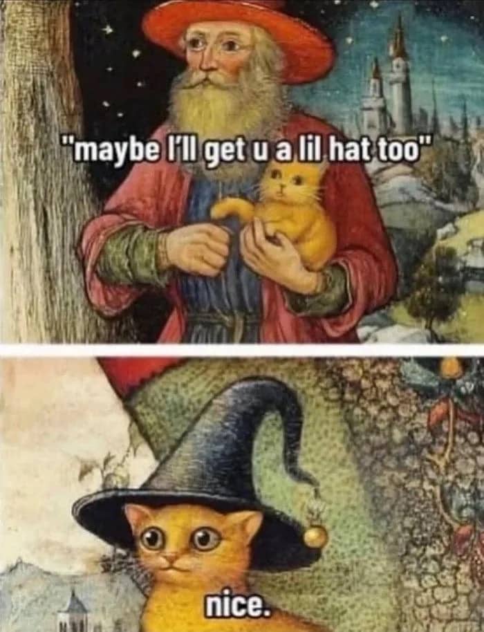 Medieval art style meme showing a wizard giving his small orange cat a matching hat.