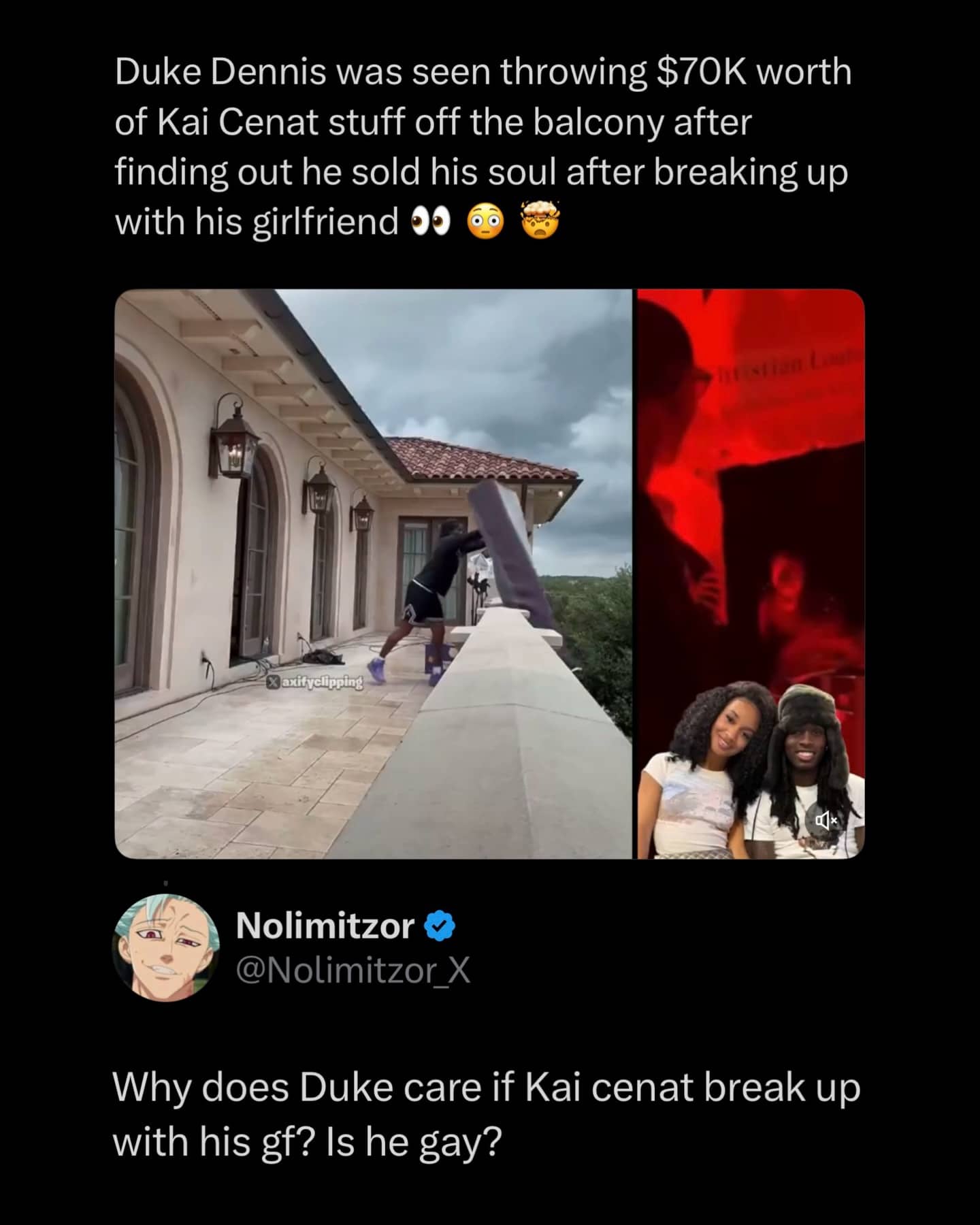 Social media post about Duke Dennis throwing items off a balcony regarding Kai Cenat drama.