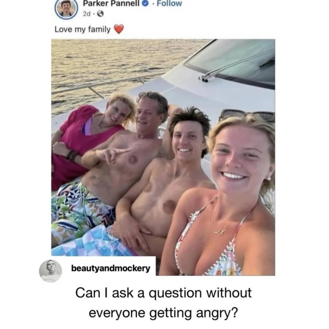 Family photo on a boat with a confusing optical illusion involving the father's arm and daughter's chest.