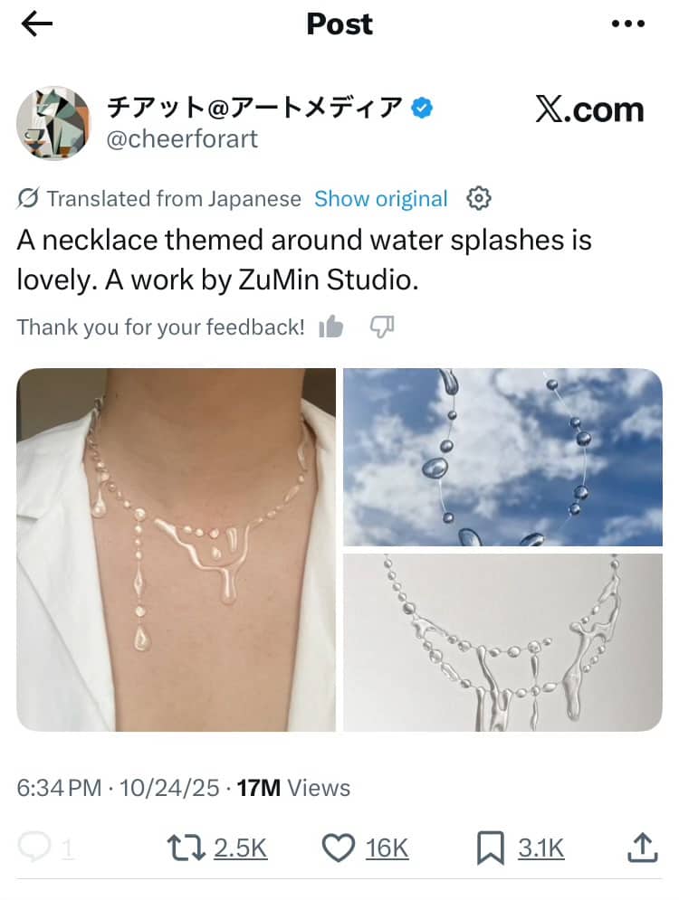 Artistic water splash themed jewelry necklace design showcased in a popular social media post.