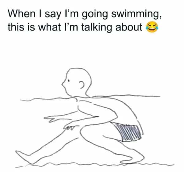 Simple line drawing of a person walking on the bottom of a pool while "swimming."