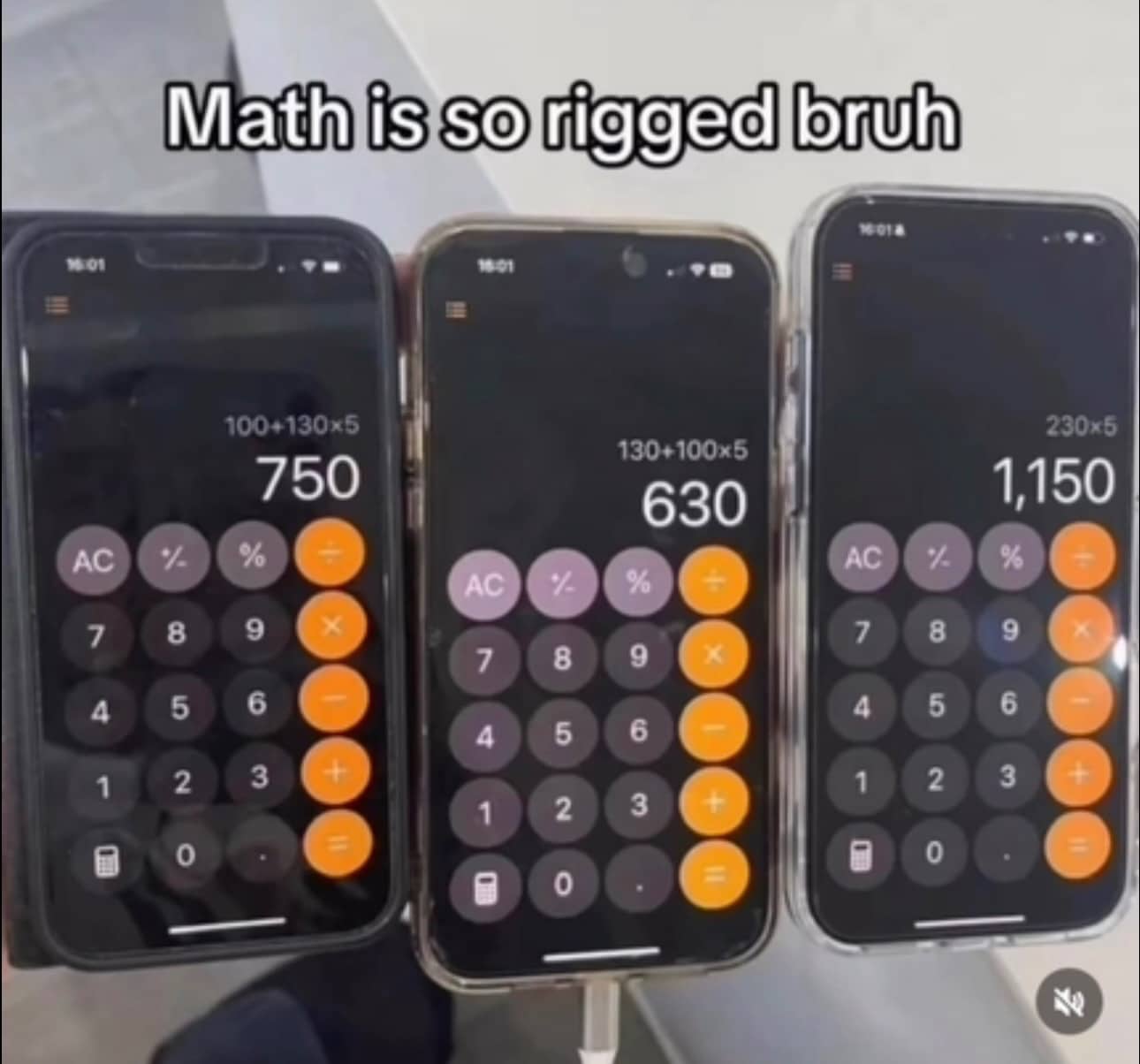 Three iPhones showing different calculator results for the same math problem titled math is rigged.