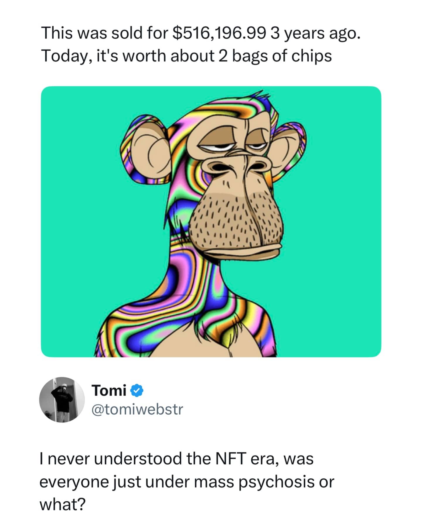 A colorful psychedelic Bored Ape Yacht Club NFT paired with a tweet about its price drop.