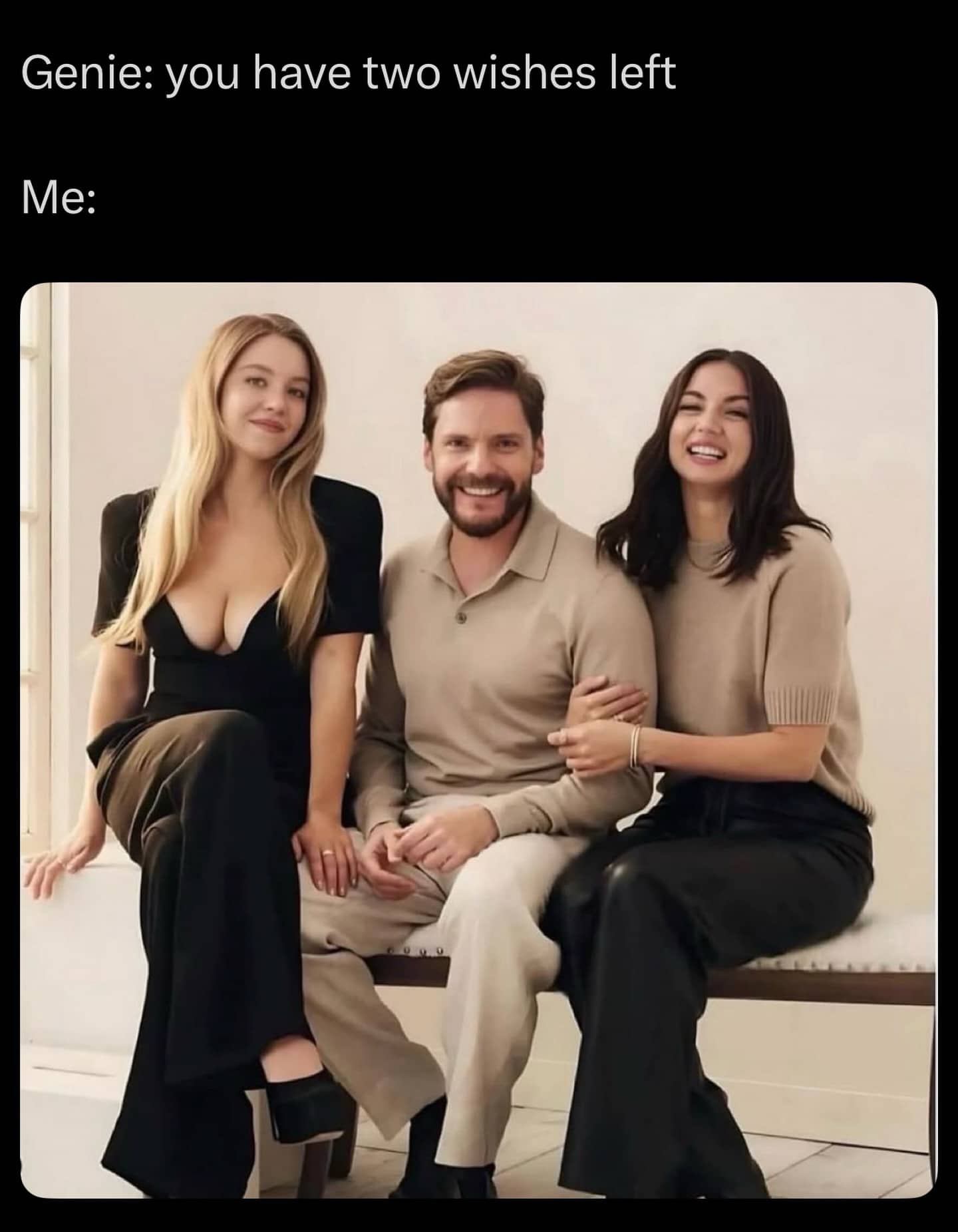 Humorous wish fulfillment meme featuring actors Sydney Sweeney, Daniel Bruhl, and Ana de Armas.