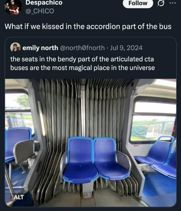 Social media post romanticizing the magical accordion bendy part of an articulated city bus.