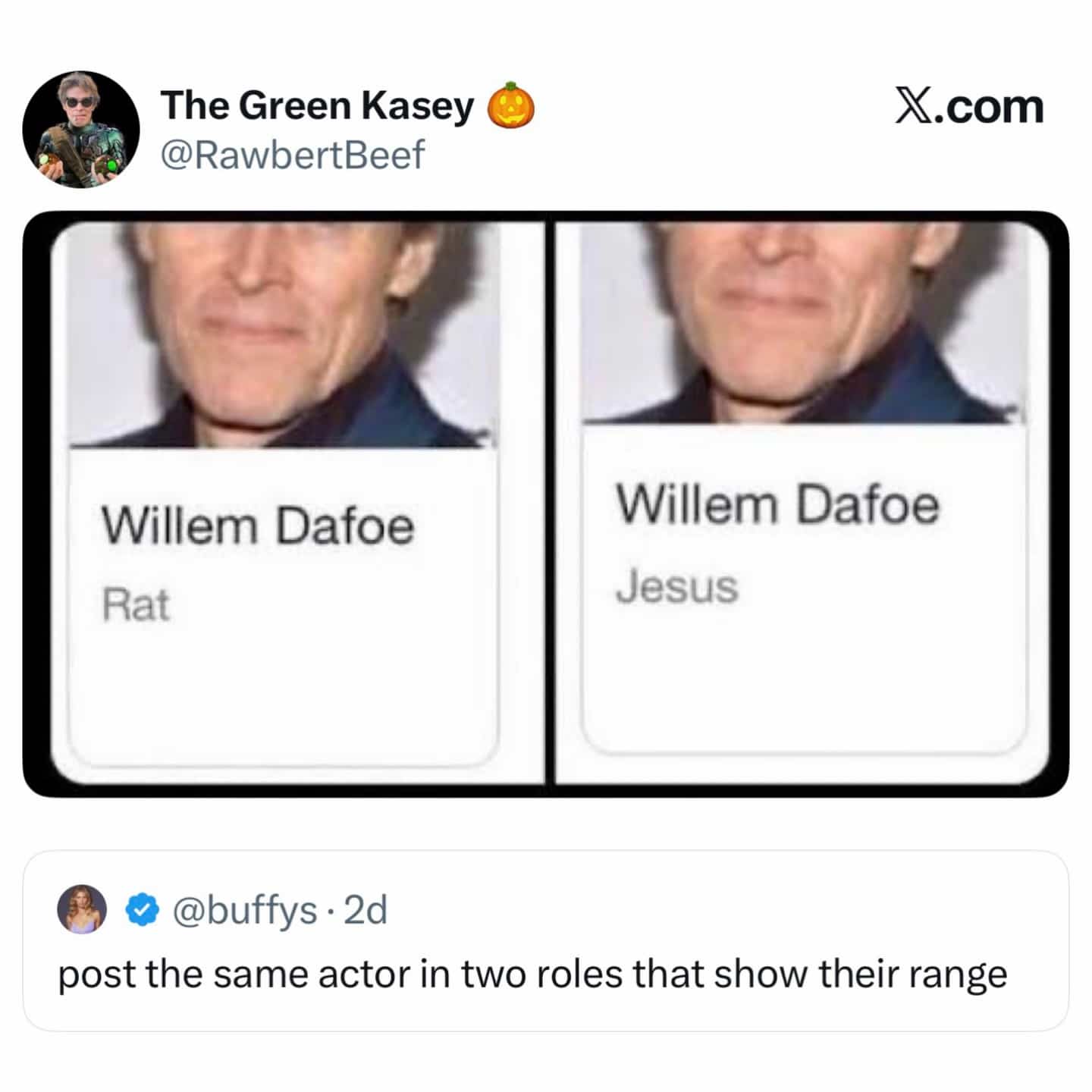 Side-by-side images of actor Willem Dafoe showing his range in roles labeled Rat and Jesus.