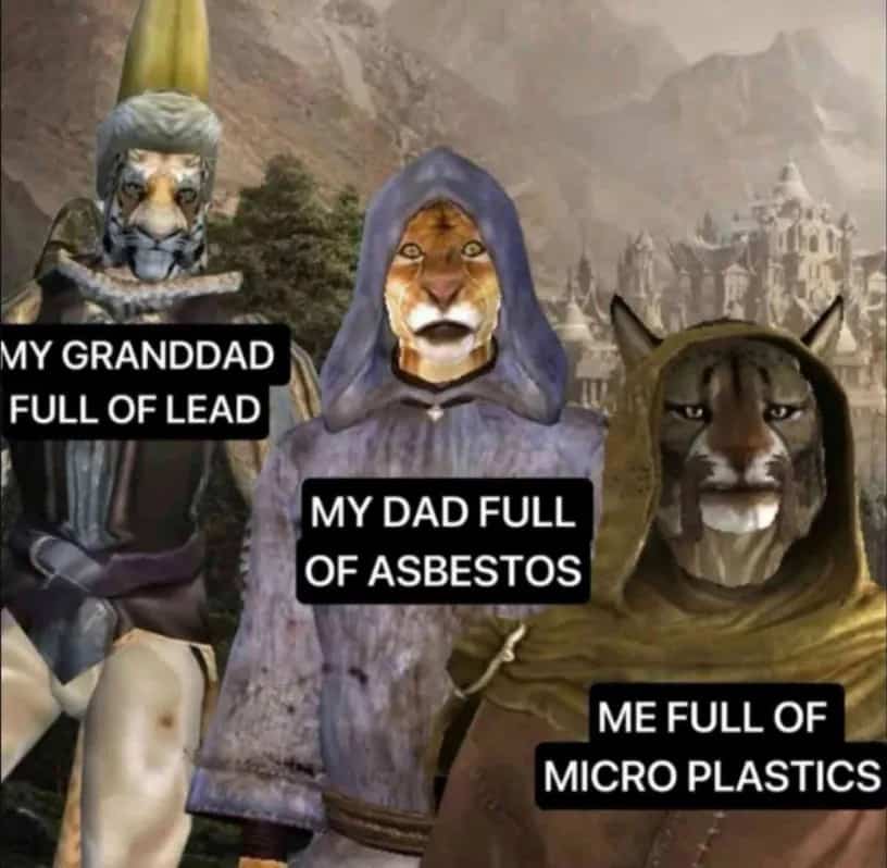 Fantasy RPG characters representing generations full of lead, asbestos, and microplastics.