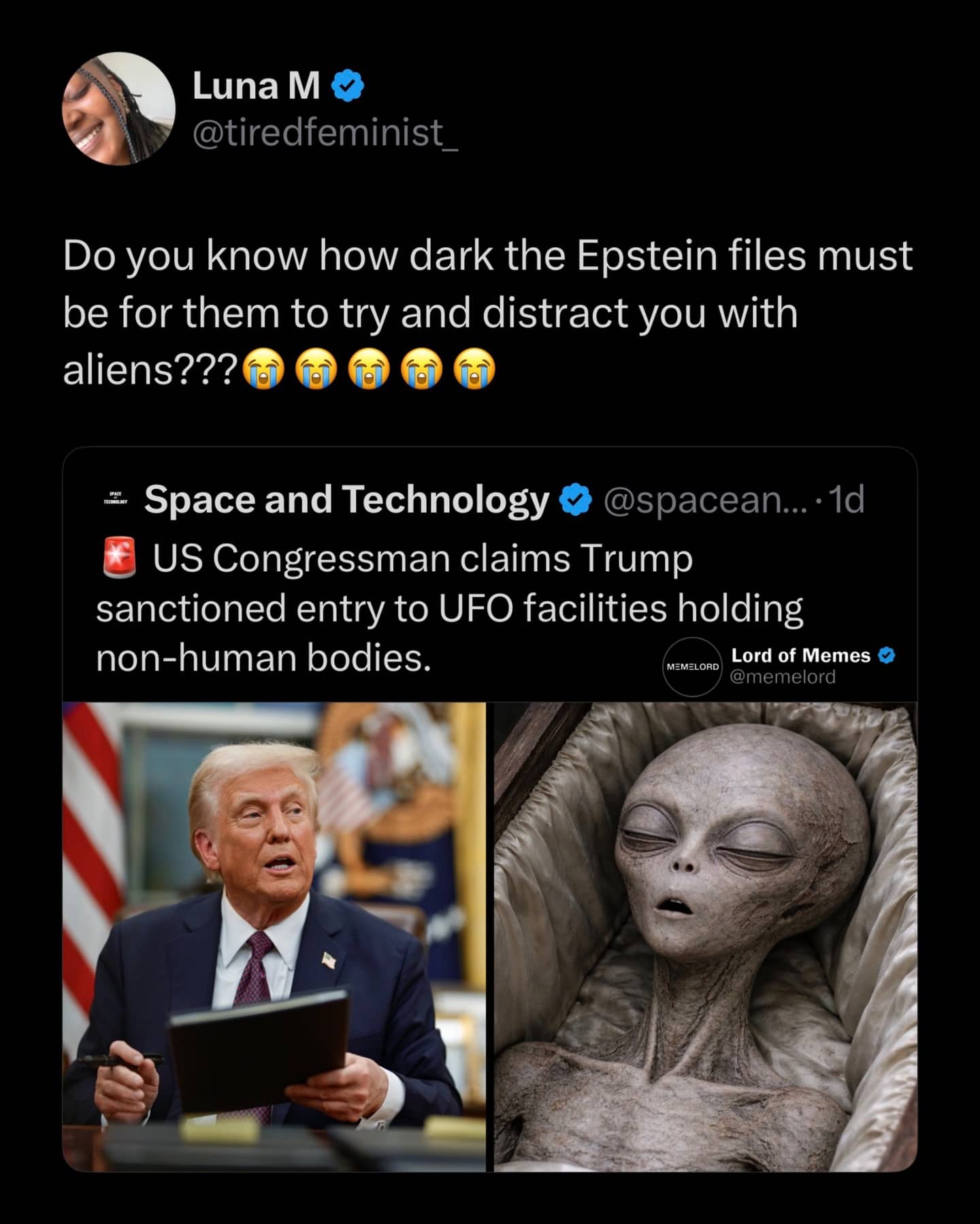 Political meme comparing Epstein file news to distractions involving UFO facilities and non-human alien bodies.