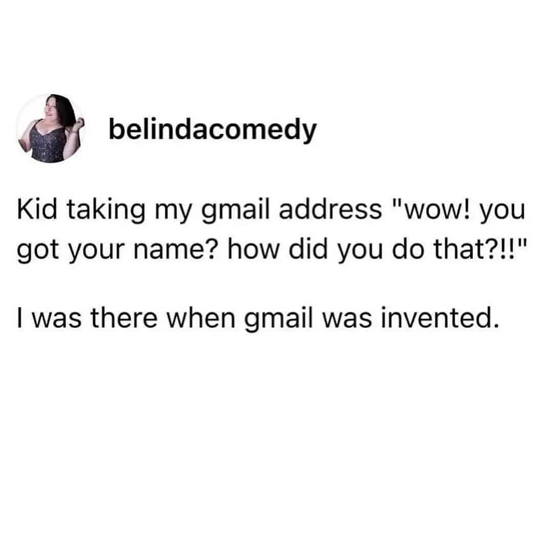 Social media post about the rarity of having a simple Gmail address from being an early adopter.