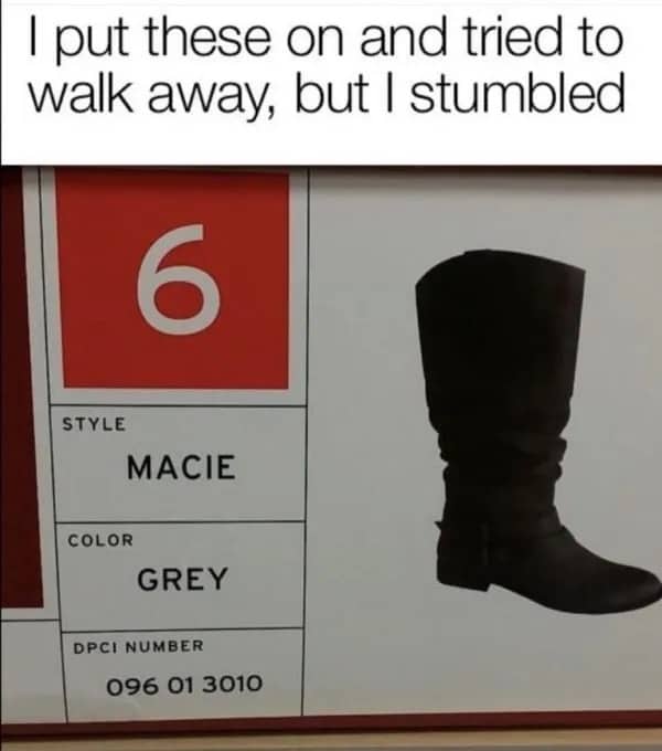 Close-up of a store price tag for Macie style grey boots that looks like a stumble warning.
