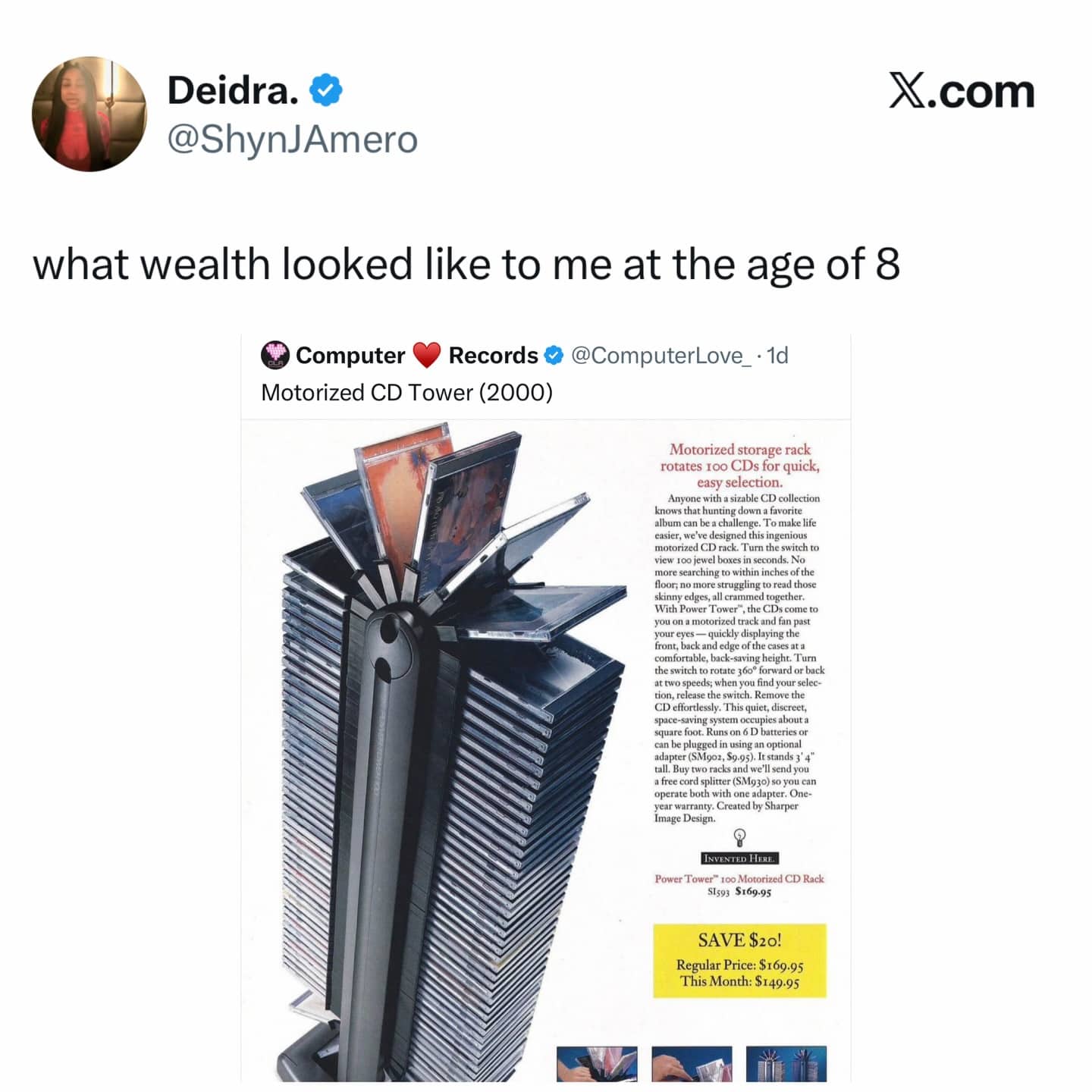 Relatable meme about a motorized CD tower representing the ultimate sign of wealth during the 2000s.