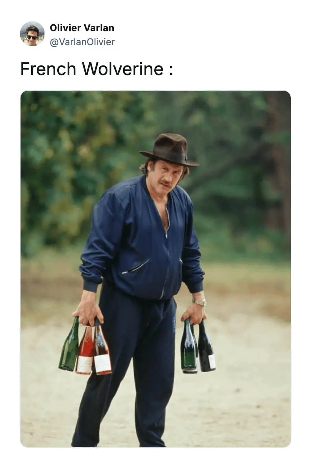 A funny image of a man in a hat carrying several wine bottles labeled as French Wolverine.