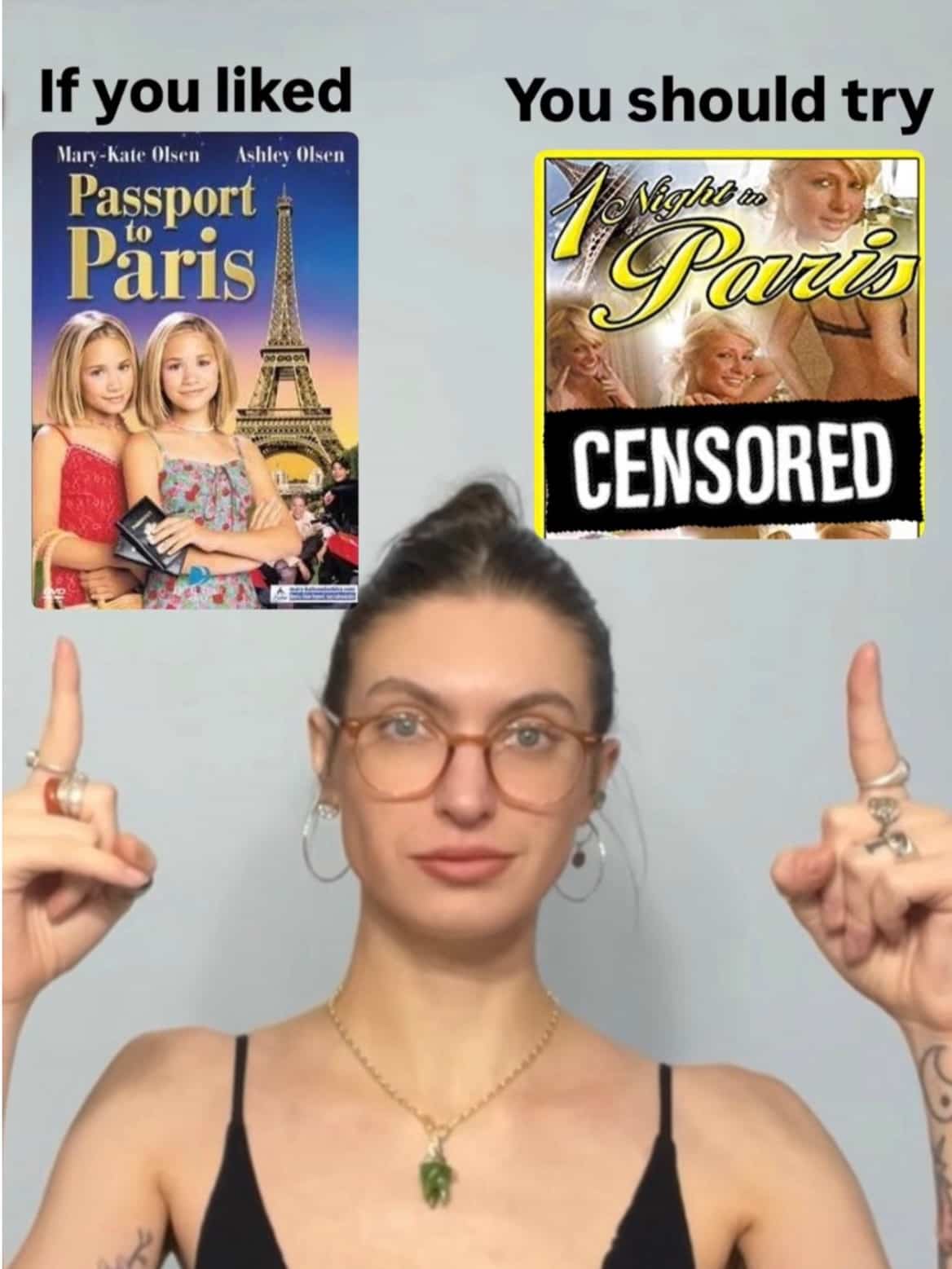 A woman pointing at a comparison between the movie Passport to Paris and a censored adult film.