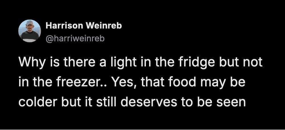 Thought-provoking text post questioning why refrigerators have internal lights while freezers often remain dark.