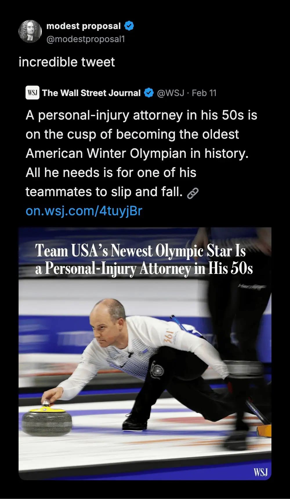 Sarcastic tweet about a personal injury attorney becoming an Olympic curler if a teammate falls.
