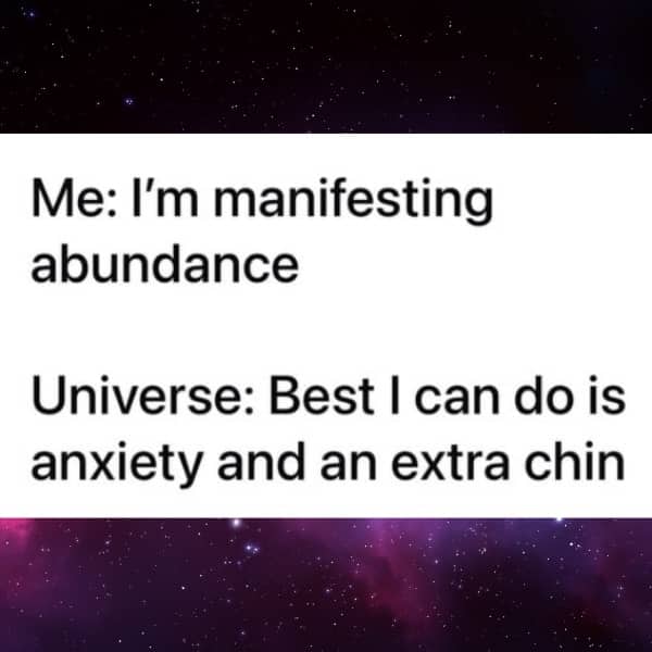 A relatable funny meme about manifesting abundance but receiving anxiety and an extra chin instead.