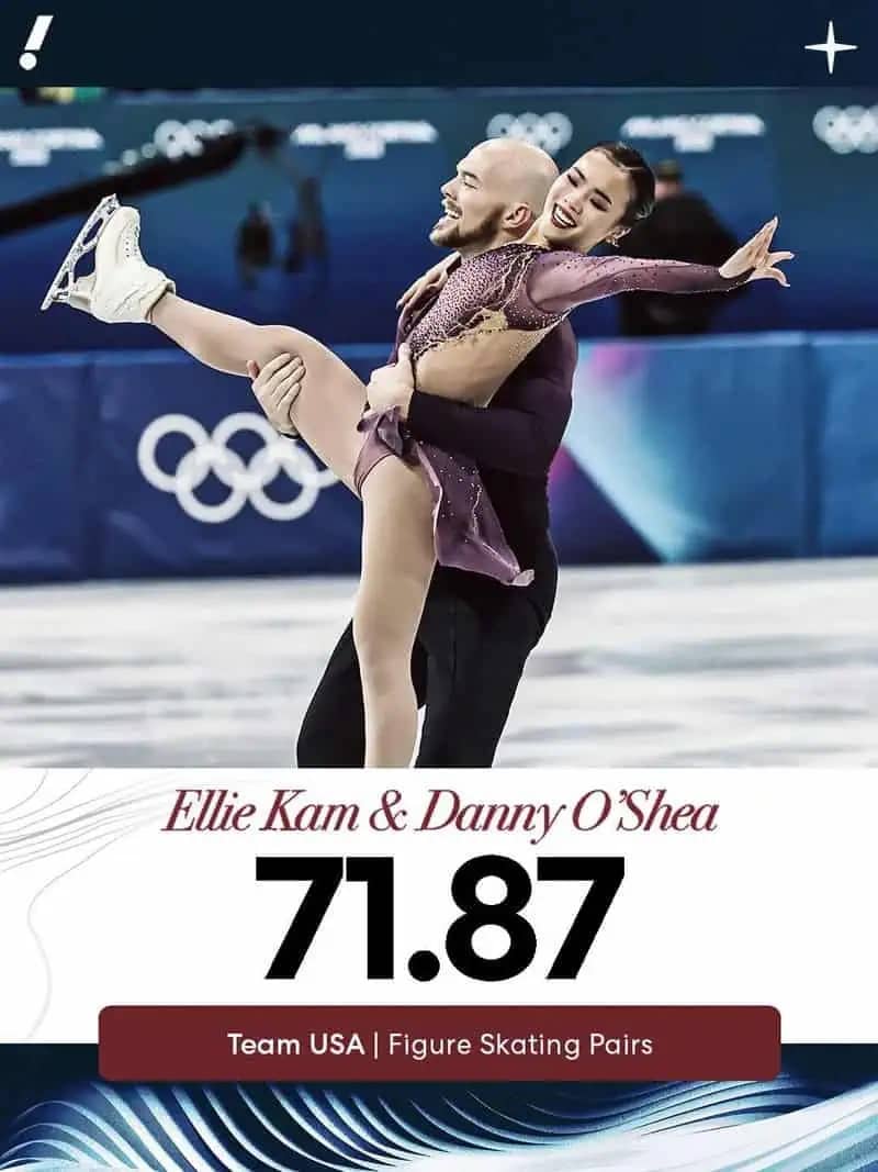 Action shot of figure skaters Ellie Kam and Danny O'Shea performing a dramatic lift.