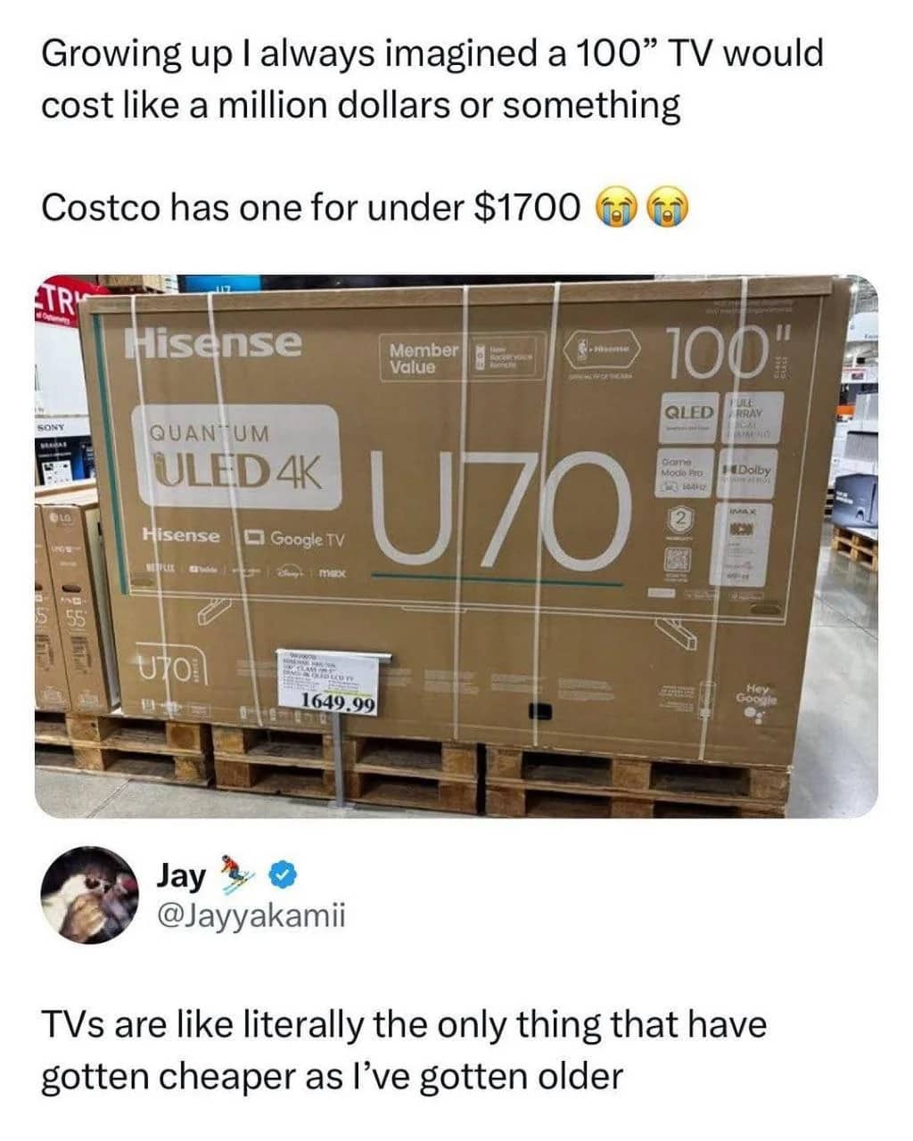A 100-inch Hisense TV box at Costco priced at 1649.99 with a funny comment about falling prices.