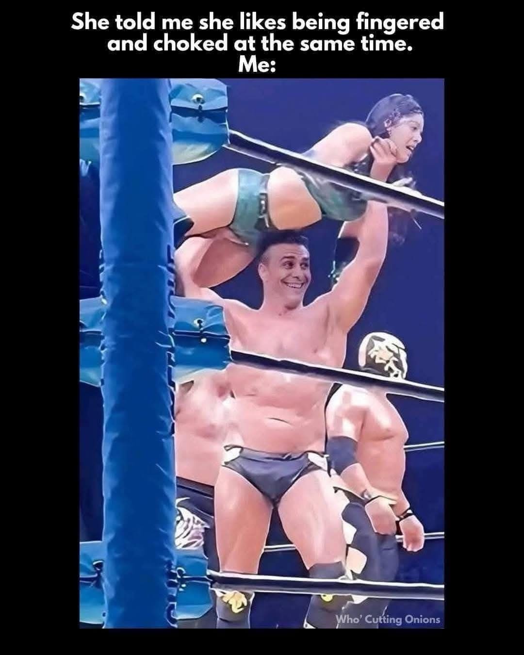 Wrestler smiling while holding an opponent in the air with suggestive caption about relationship preferences.