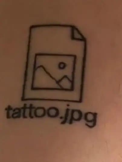 Minimalist tattoo of a missing image file icon with the text tattoo dot jpg underneath.