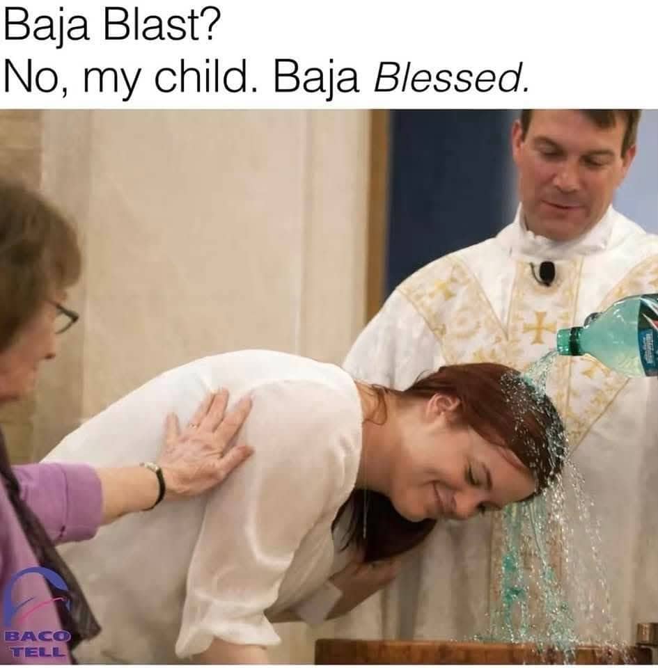 Funny meme of a priest performing a baptism by pouring a bottle of Mountain Dew Baja Blast.