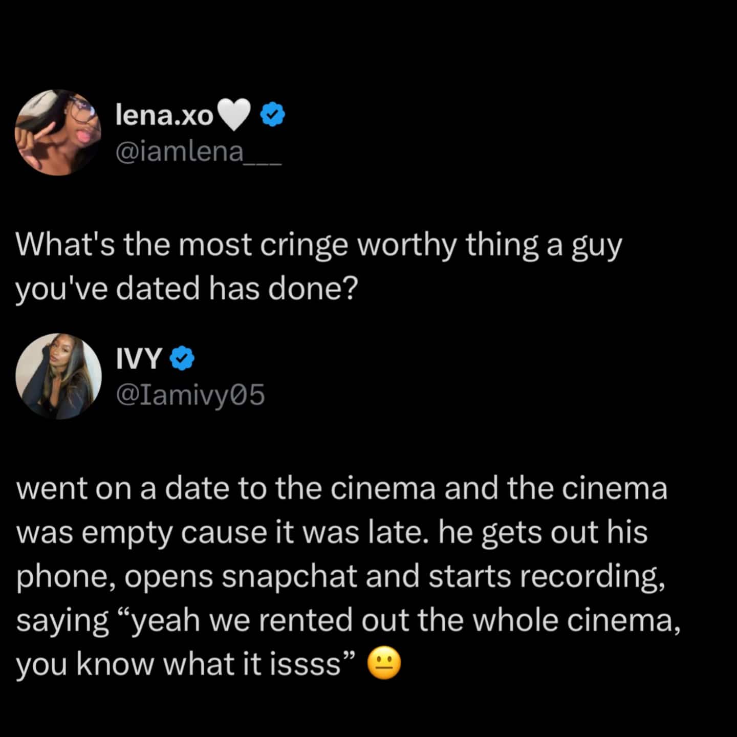 Twitter thread discussing a cringe-worthy date where a guy pretended to rent out an empty cinema.