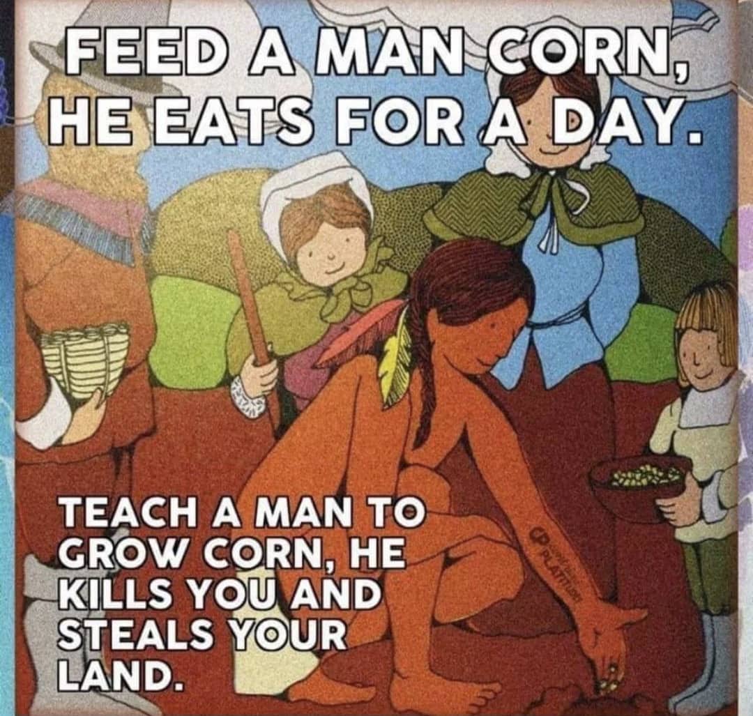 Satirical illustration about colonial history with a dark twist on the feed a man proverb.