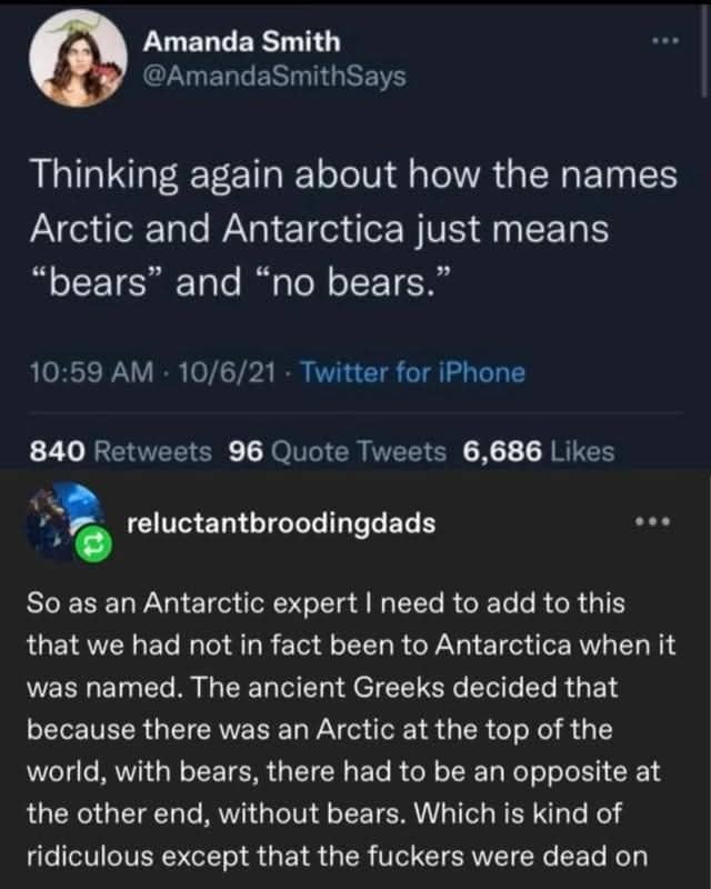 An educational and funny social media post explaining the etymology of Arctic and Antarctica regarding bears.