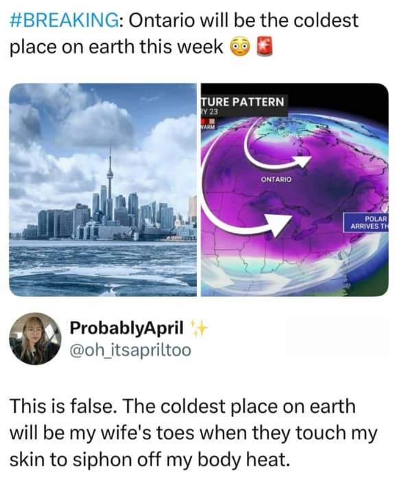 Twitter post joking about Ontario weather versus a wife's cold feet stealing body heat.