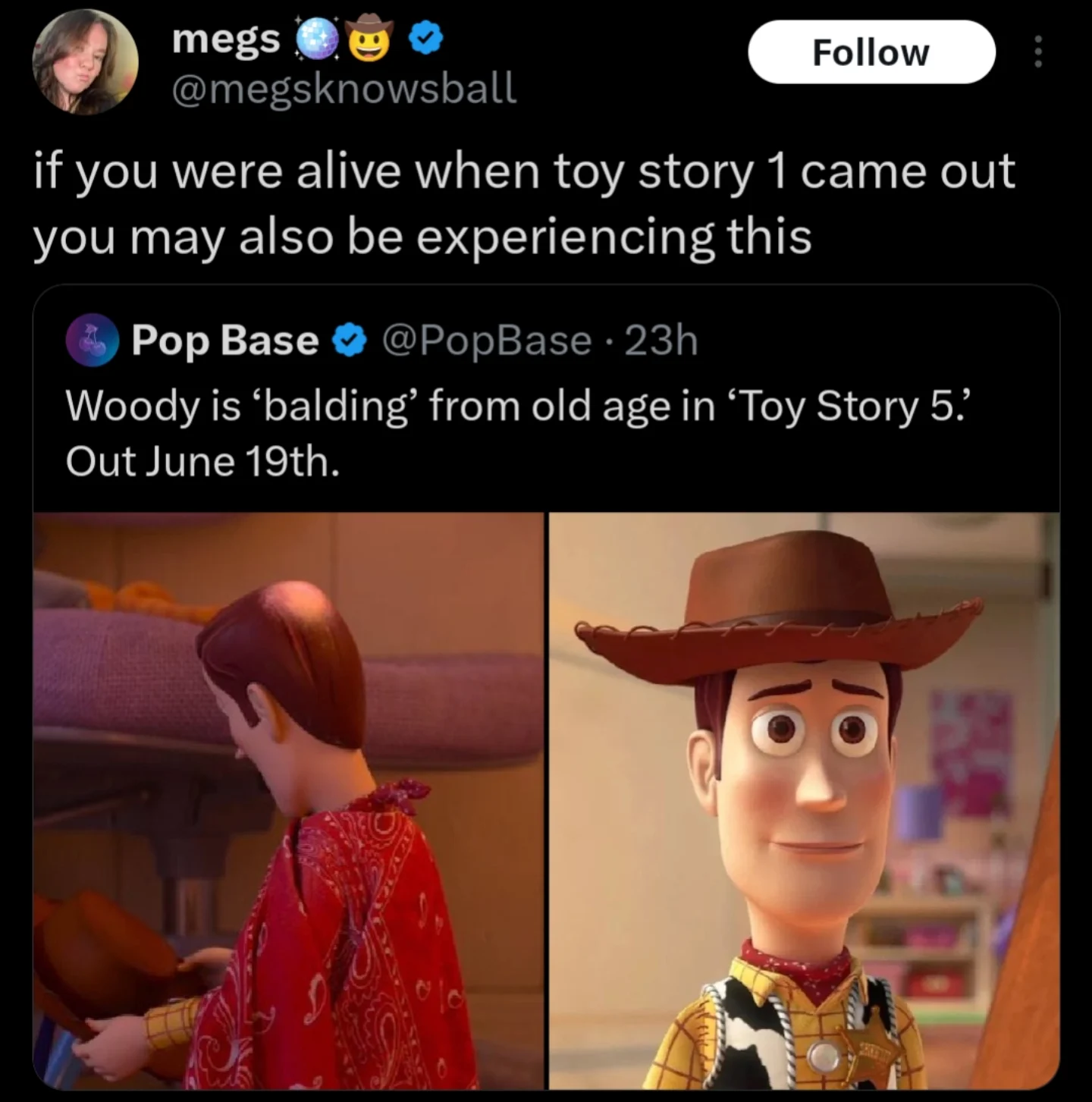 Comparison meme showing Toy Story character Woody balding to joke about the aging of original fans.