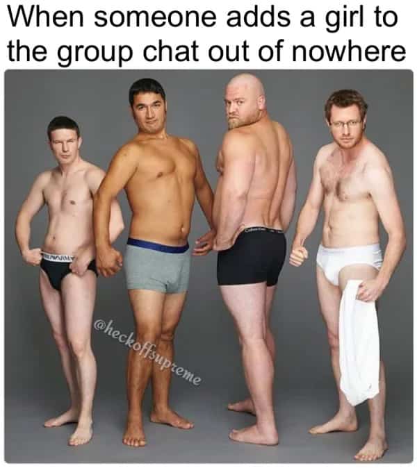 Four men posing in underwear with a caption about a girl being added to a group chat.