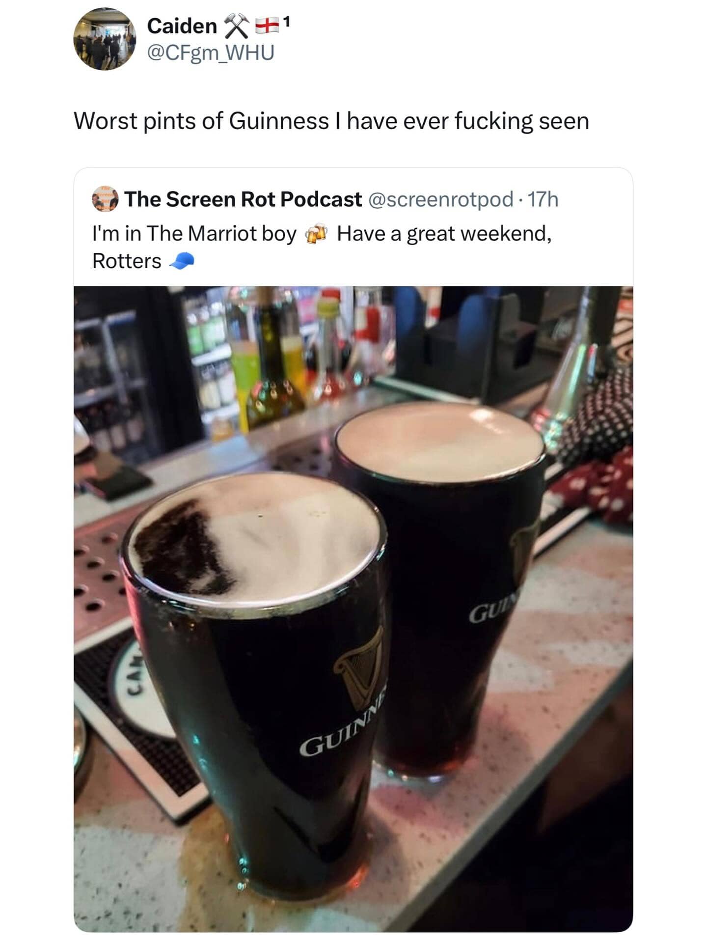 Social media complaint about poorly poured pints of Guinness with excessive foam at a bar.