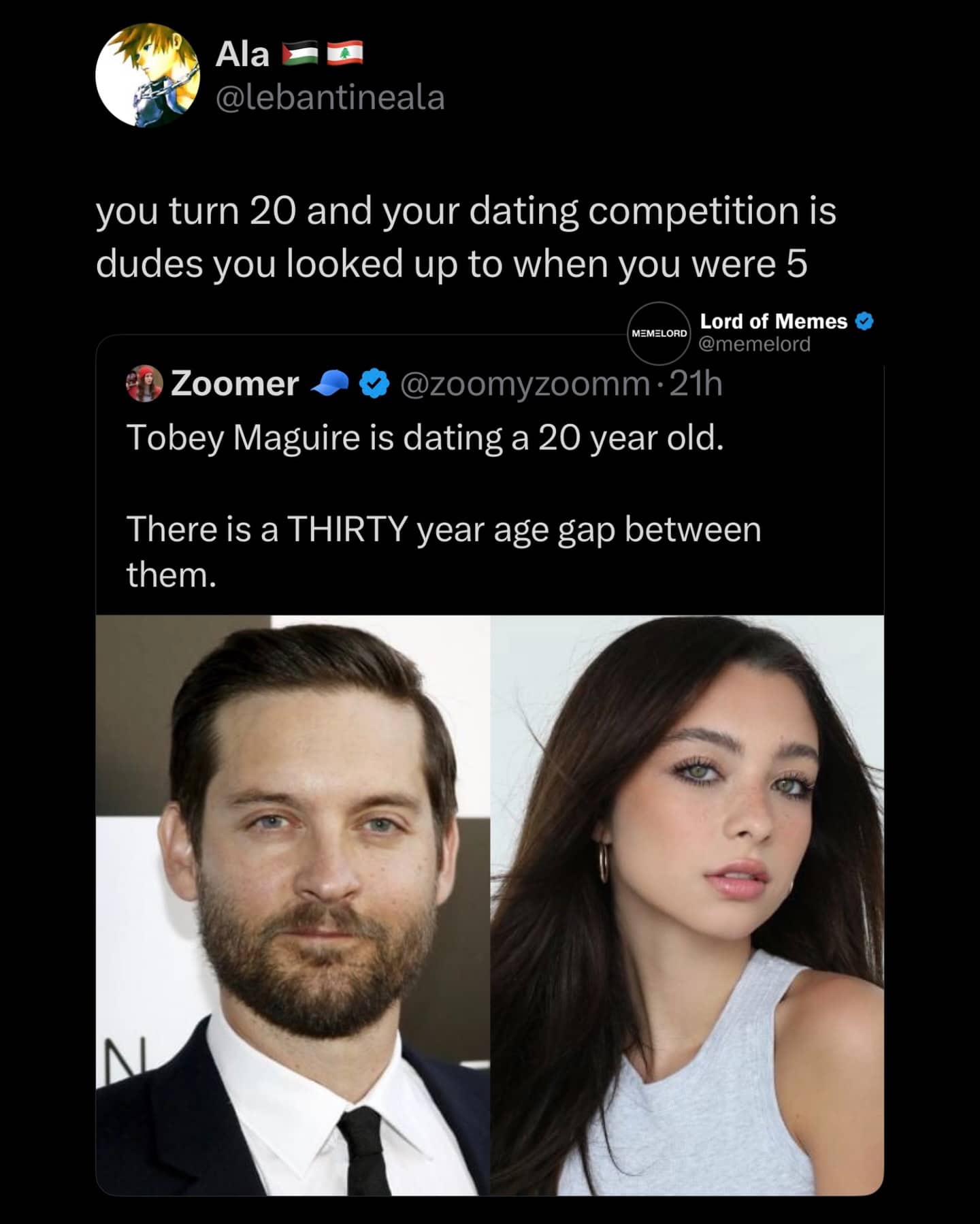 A funny social media commentary on the thirty year age gap between Tobey Maguire and his girlfriend.