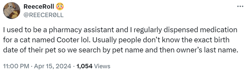 Twitter post from ReeceRoll describing a pharmacy searching for a cat named Cooter by owner's last name.