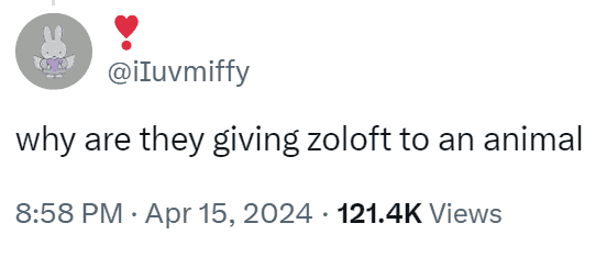 Twitter user iIuvmiffy questioning why animals are prescribed human medications like Zoloft in a viral thread.
