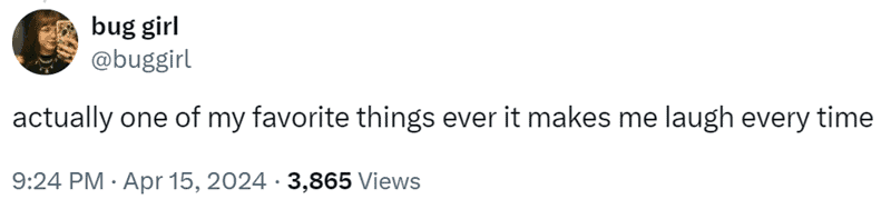 Social media reply from bug girl expressing how much the funny pet name story makes her laugh.