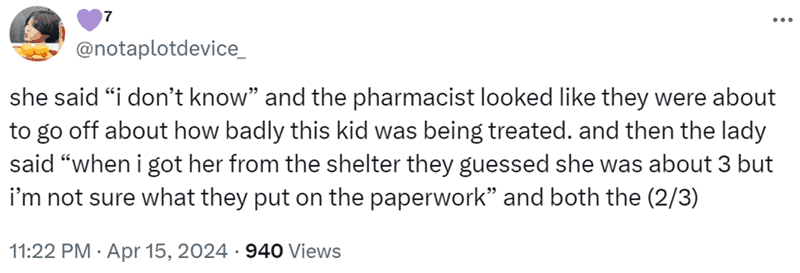 Story from notaplotdevice_ about a pharmacist being concerned until realizing a "kid" was actually a shelter pet.