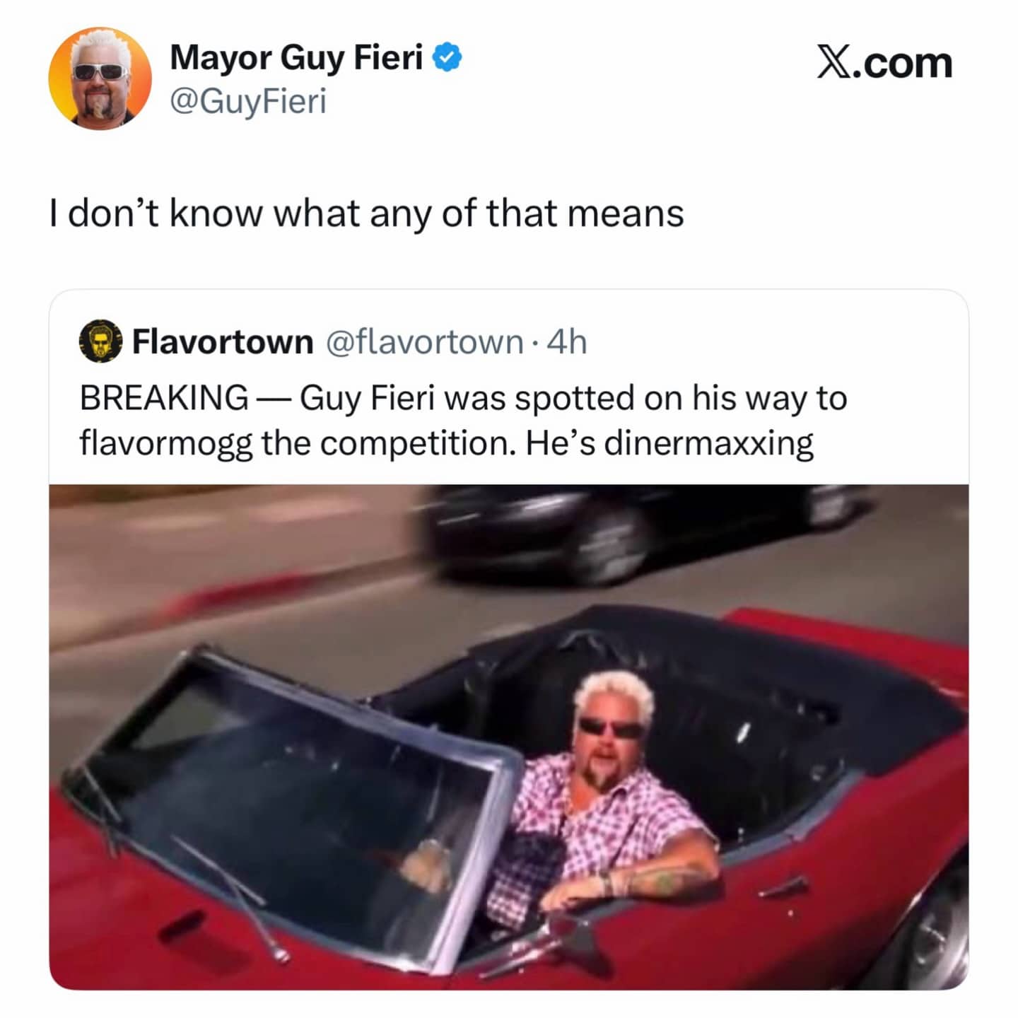 Guy Fieri Twitter meme reacting to slang terms flavormogg and dinermaxxing with confusion in car.