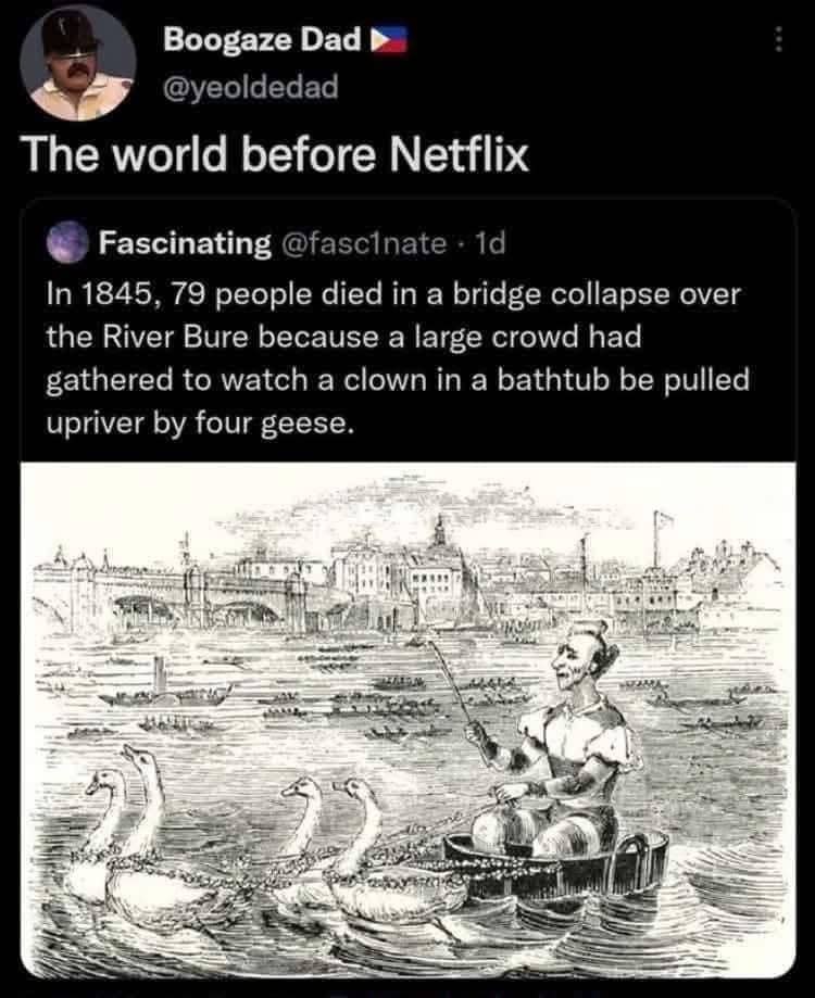 Historical illustration of a clown pulled by geese in a bathtub, featuring funny bridge collapse lore.