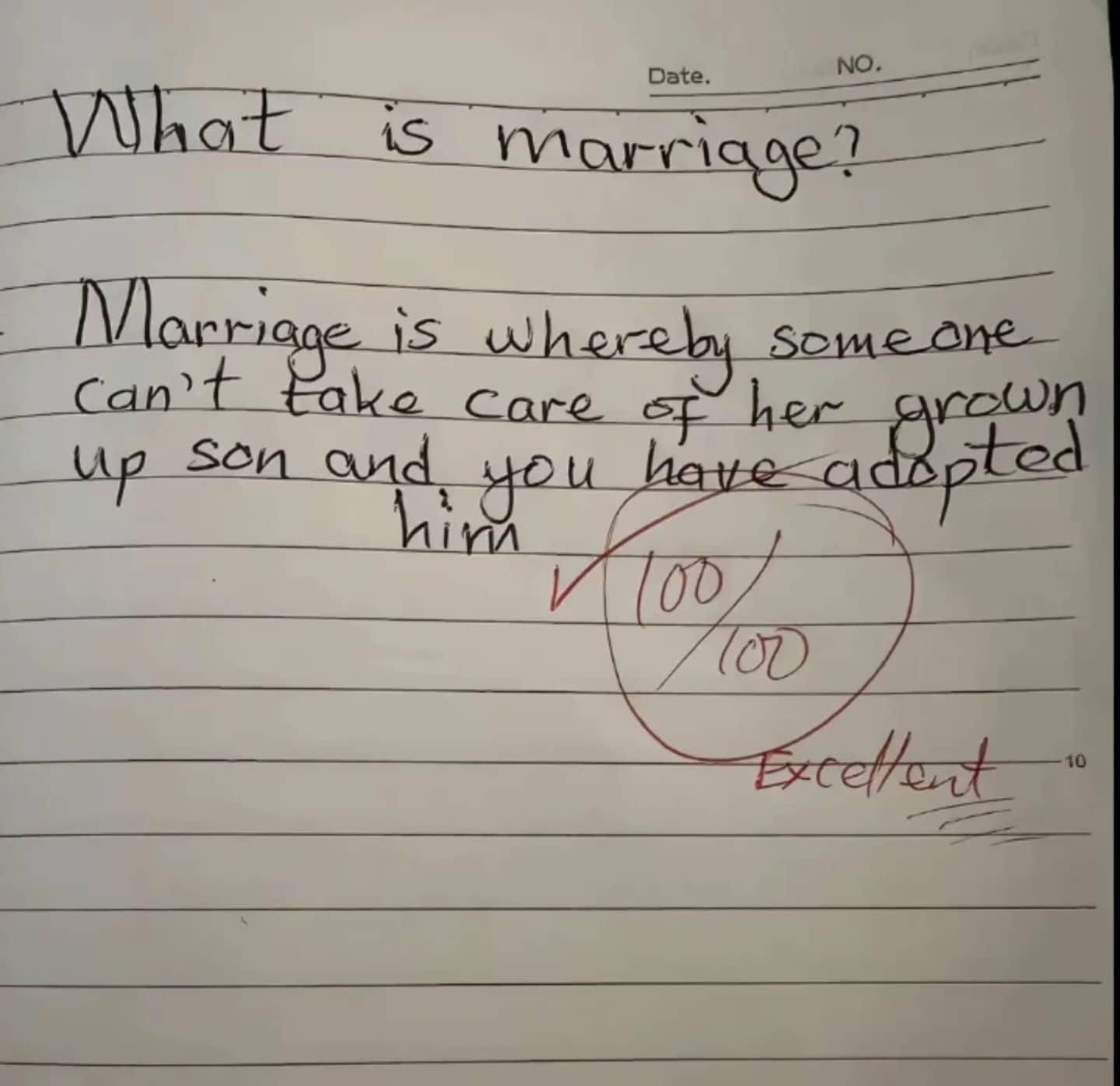 Funny handwritten school essay defining marriage as adopting a grown man with a perfect score.