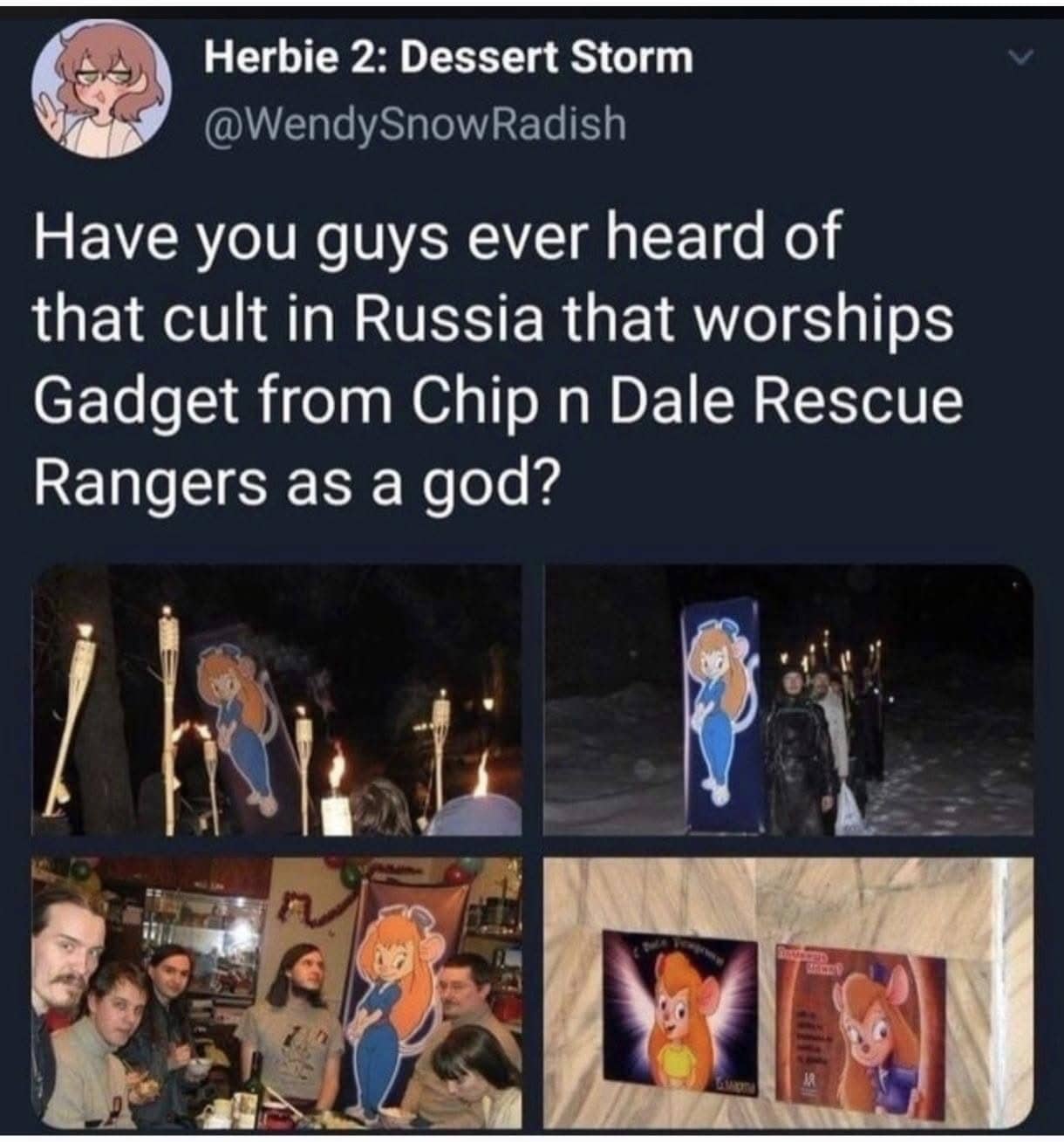 Screenshots showing a Russian cult group worshipping Gadget from Chip n Dale Rescue Rangers cartoons.