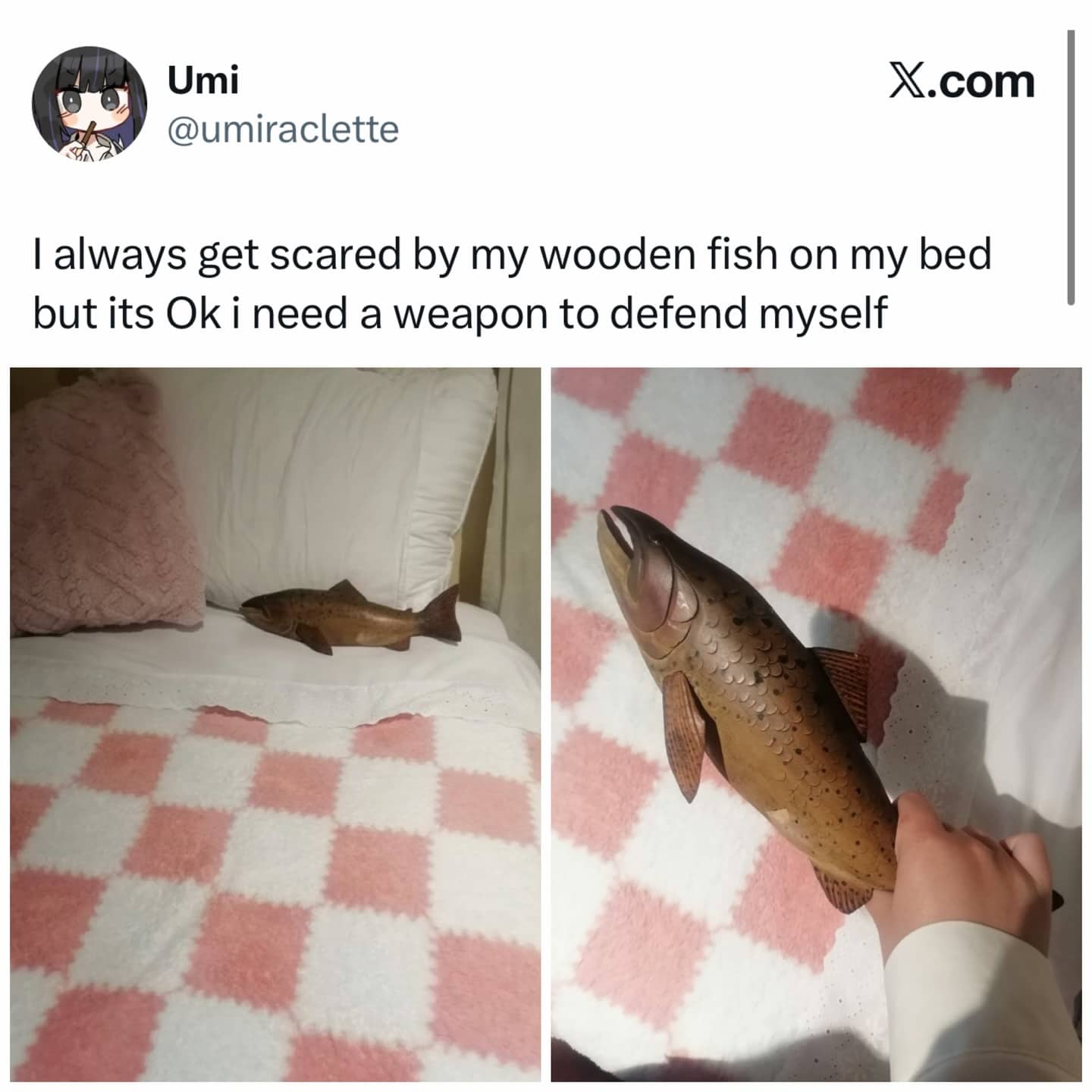 Wooden fish decoration on a bed with a social media caption about using it for self-defense.
