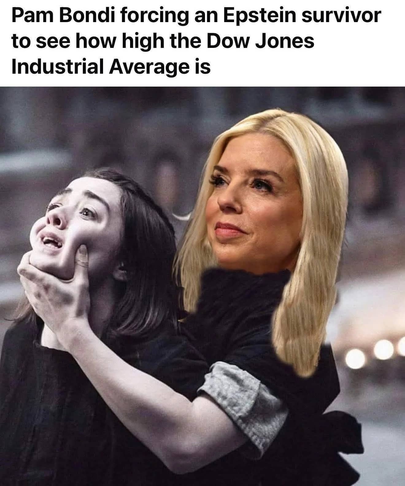 Political meme showing Pam Bondi photoshopped over a Game of Thrones scene holding a survivor's head.