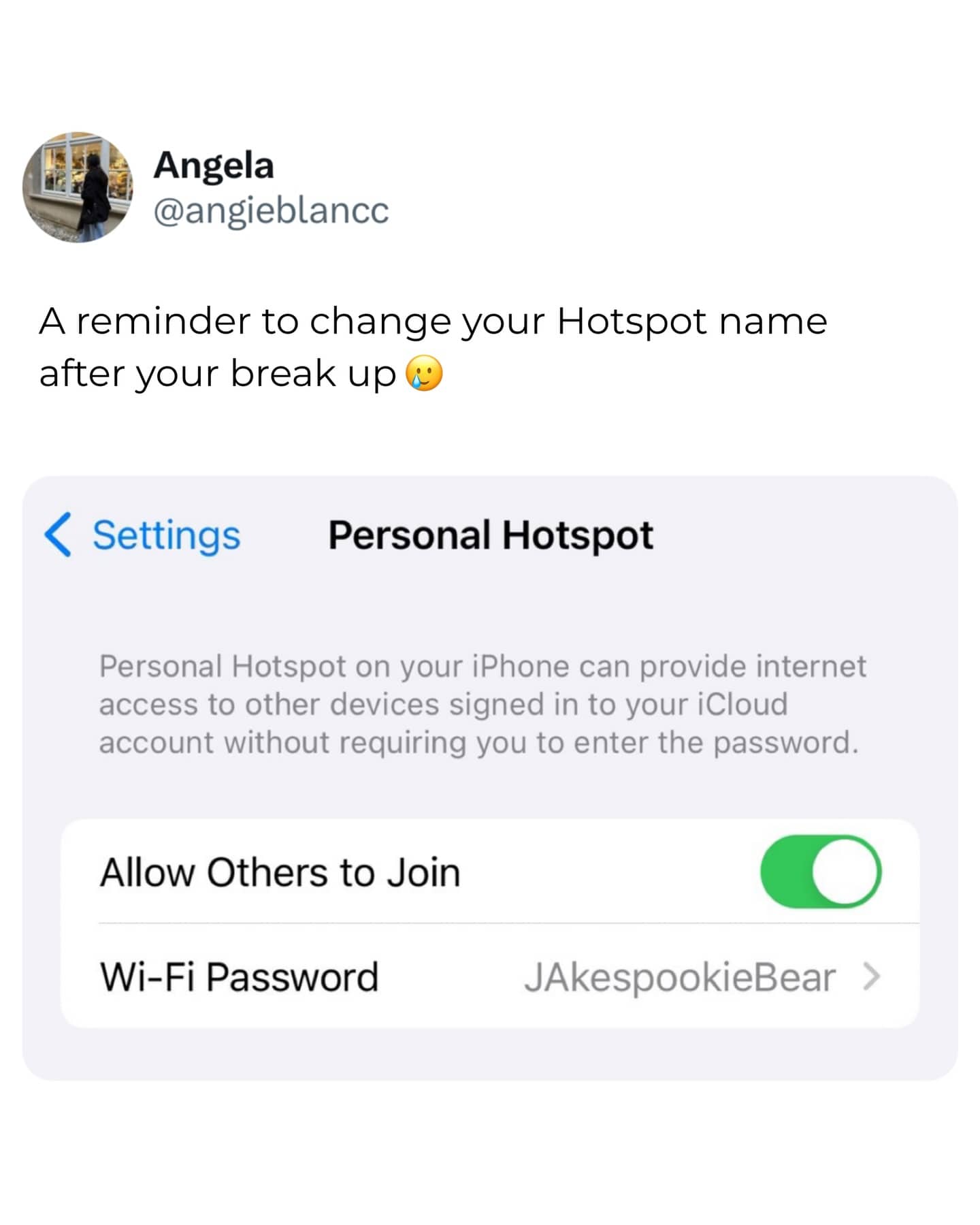 Personal Hotspot settings screen showing a funny breakup reminder with the Wi-Fi password JakespookieBear.