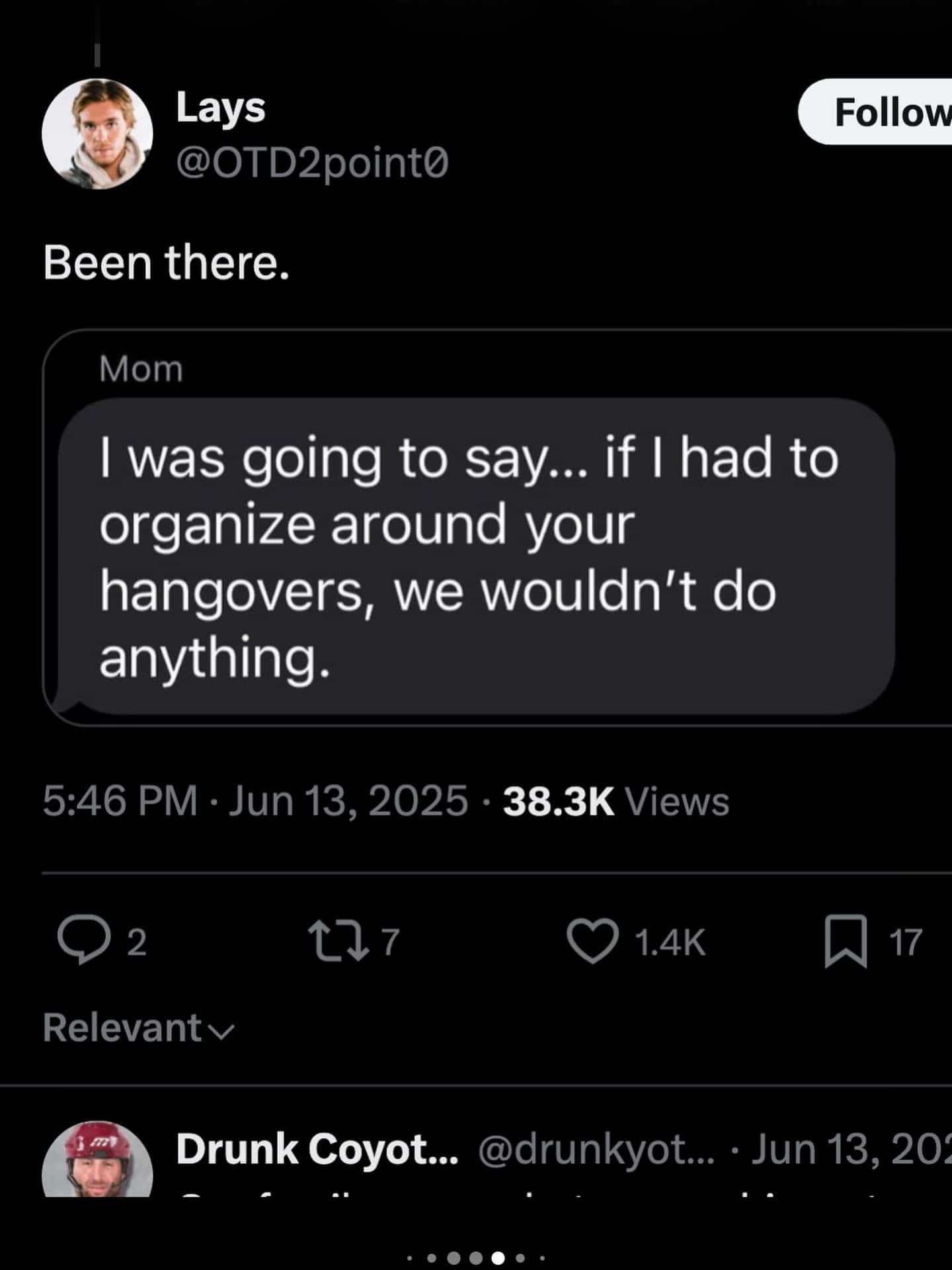 Screenshot of a blunt text message from a mother regarding her child's frequent hangovers.
