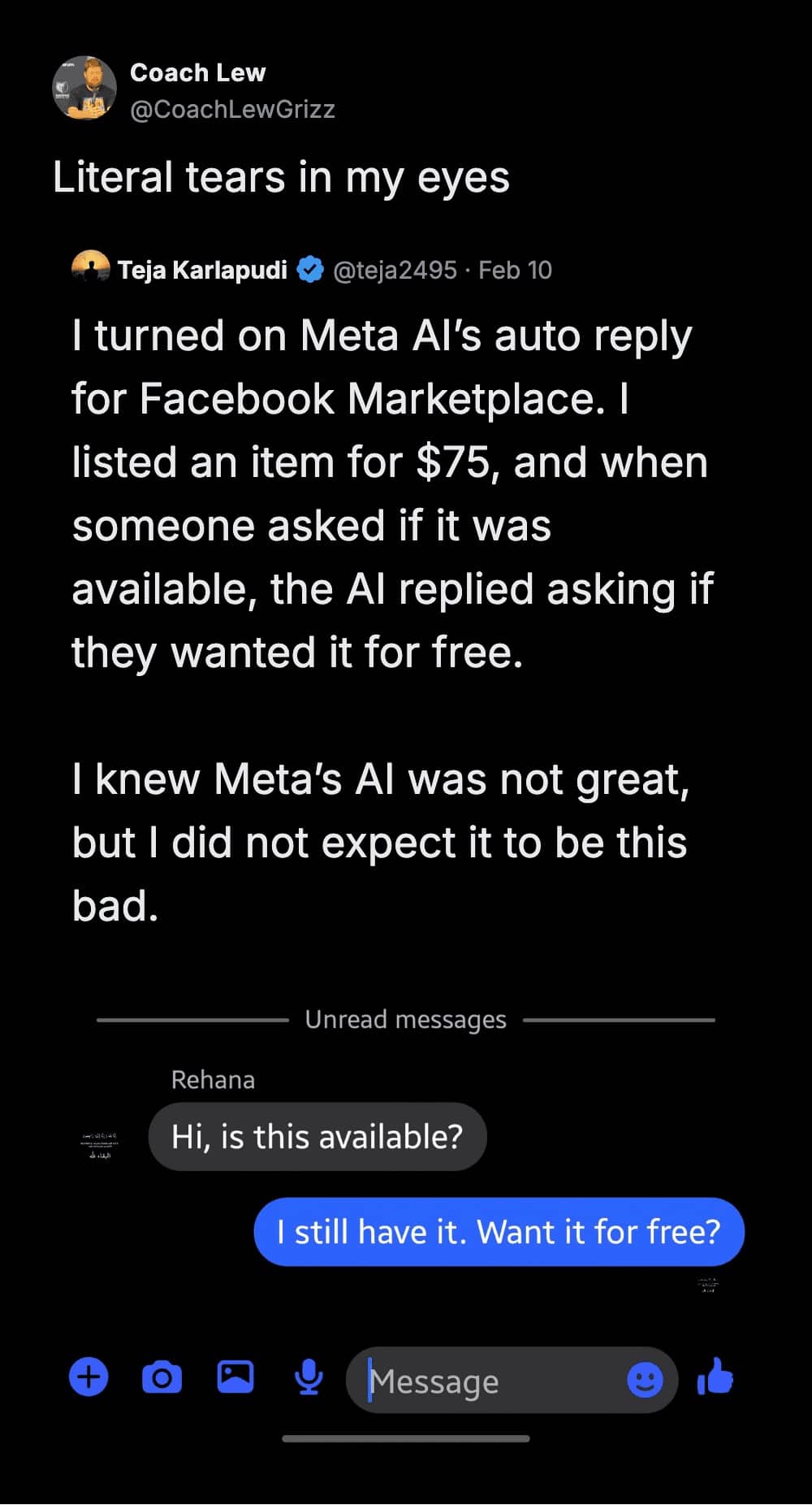 Funny Twitter meme about the Meta AI auto-reply feature on Facebook Marketplace offering items for free.