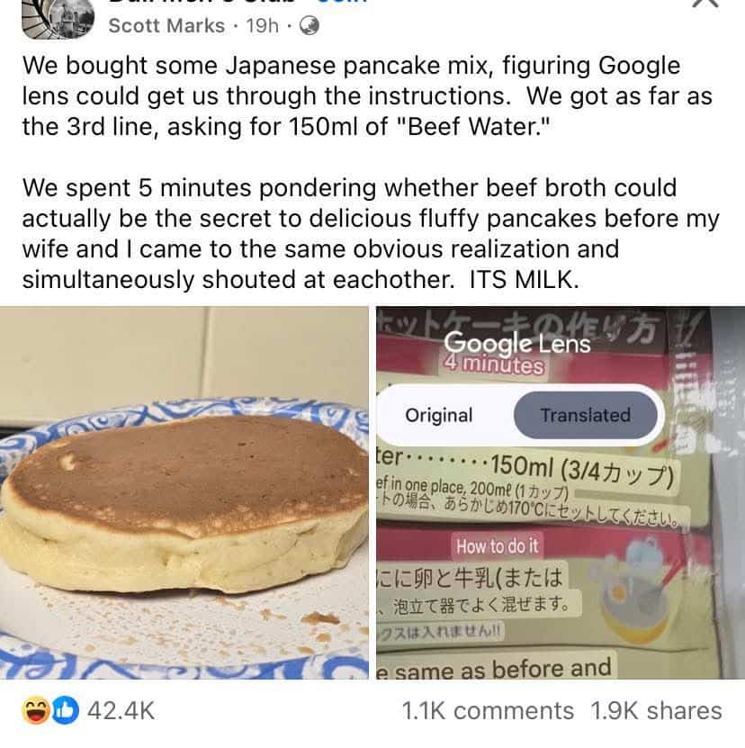 Social media post about a Google Lens translation error turning milk into "beef water" for pancakes.