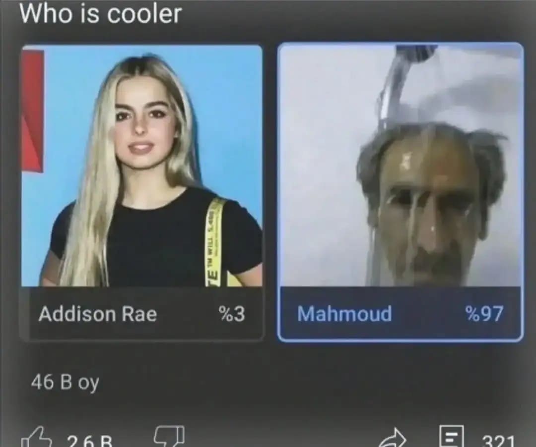 YouTube poll results showing Mahmoud winning ninety seven percent against Addison Rae for who is cooler.