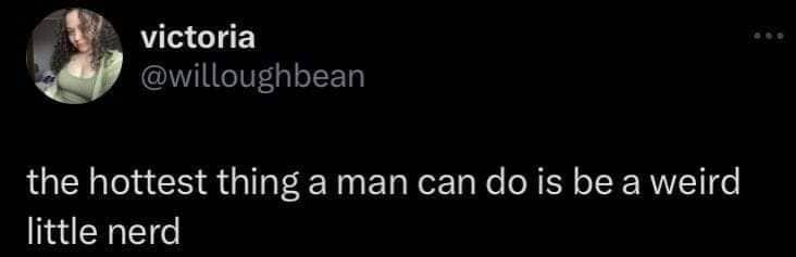 Twitter screenshot post stating the hottest thing a man can do is be a weird nerd.