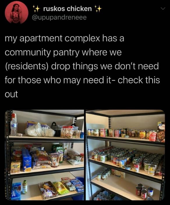 Heartwarming social media post showcasing a well-stocked community pantry shelf for apartment residents in need.